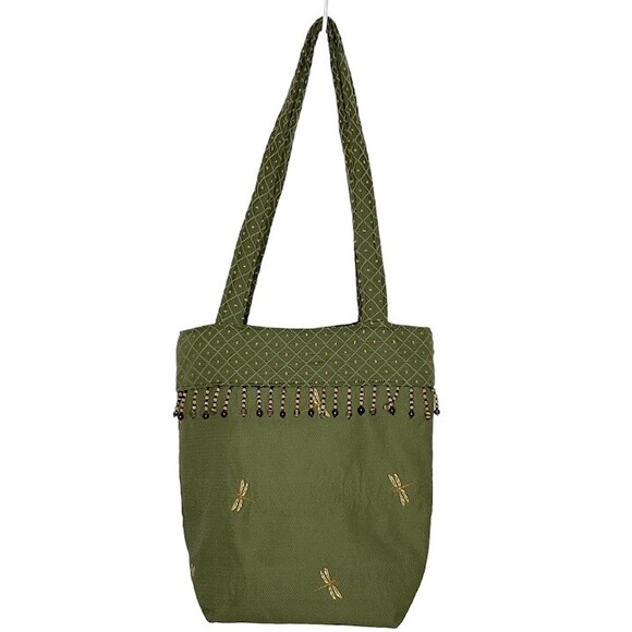 Green Canvas Boho Purse Bag Embroidered Dragonfly Wood Bead Snap Close Unbranded - Picture 2 of 9